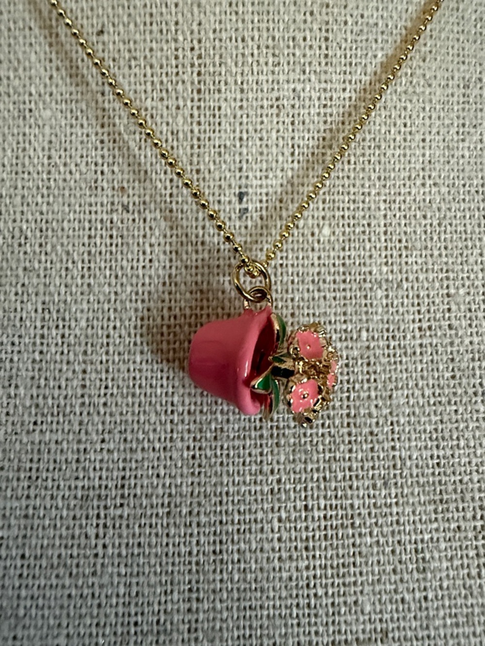 Dainty 10k Gold Ball Chain Necklace with Novelty Flower Pot Charm - Picture 4 of 8